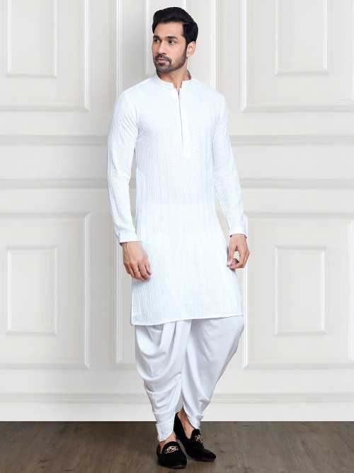 White embroidery kurta suit for festive