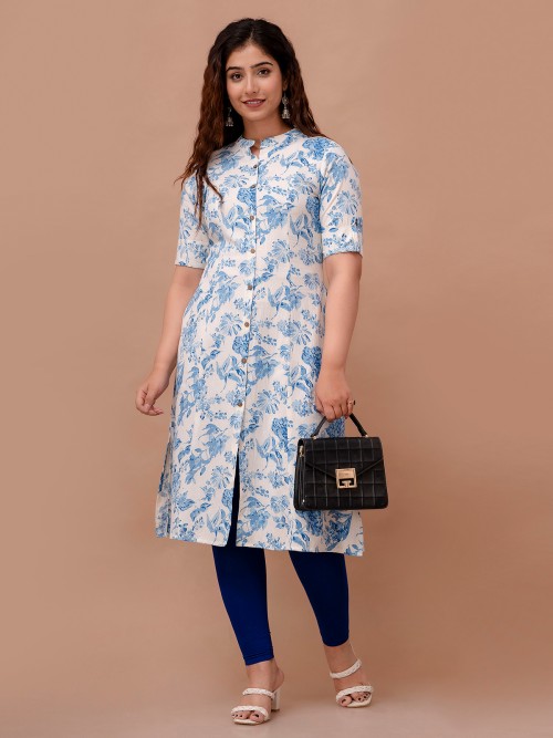 Cotton floral printed kurti in white and blue
