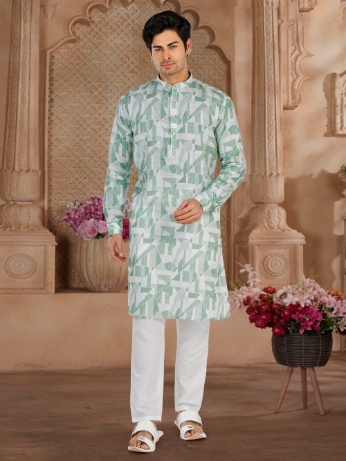 White and green cotton printed kurta suit