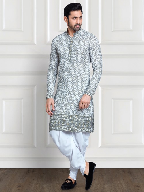 White and green rayon cotton kurta suit for festive