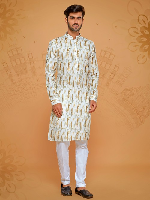 White and khaki linen cotton kurta suit