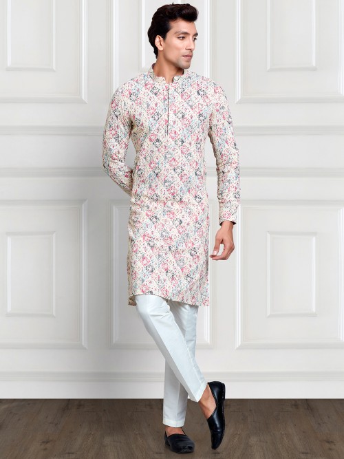 White and pink printed kurta suit in cotton