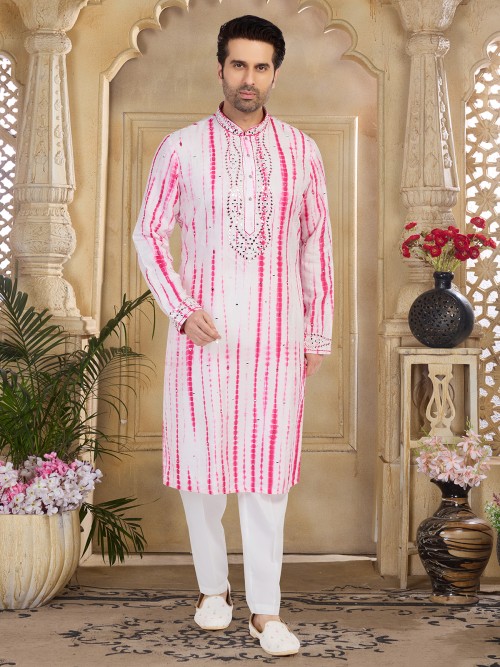 White and pink printed cotton kurta suit for festive