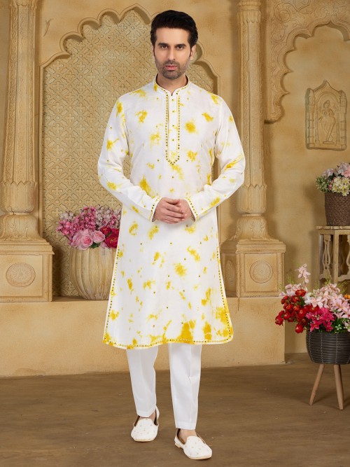 White and yellow printed kurta suit