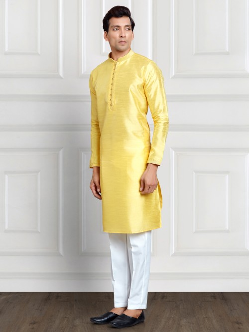 Yellow plain cotton silk kurta suit