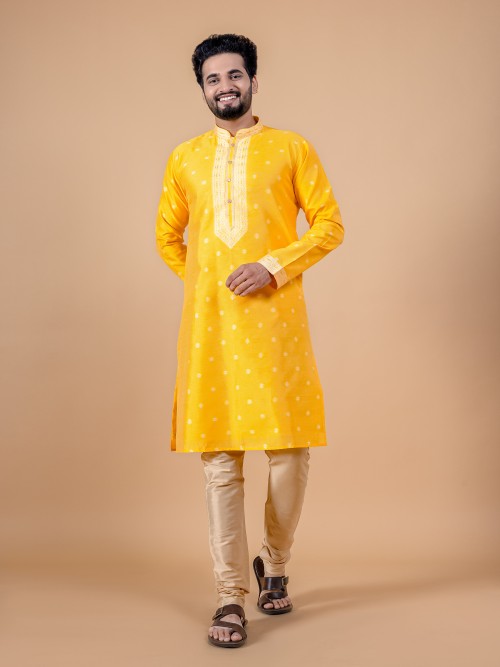 Yellow purple cotton silk zari work kurta suit