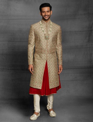 Dual layer silk sherwani in golden color for wedding