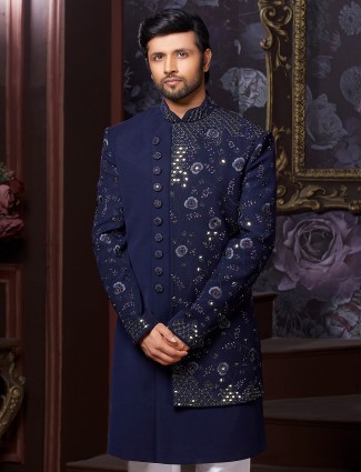 Navy Cotton Silk Indowestern for Weddings