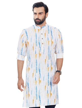 Aqua and White Printed Cotton Kurta