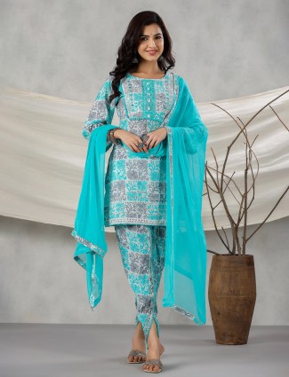 Cotton printed aqua dhoti set