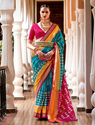 Patola printed silk aqua saree