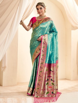 Soft tissue silk aqua saree