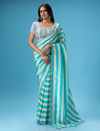 Aqua mashru silk stripe saree