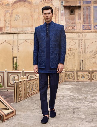 Dark blue silk reception indowestern