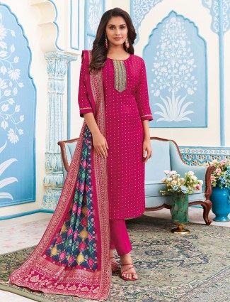 Stunning magenta silk straight cut salwar suit