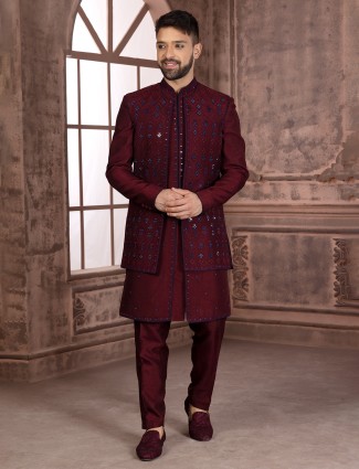 Trendy maroon silk wedding indowestern