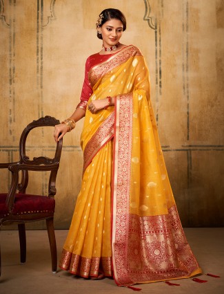 Yellow banarasi tissue silk saree