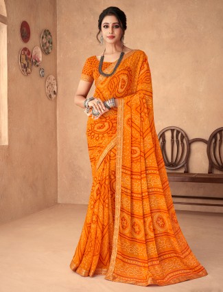 Printed orange chiffon saree