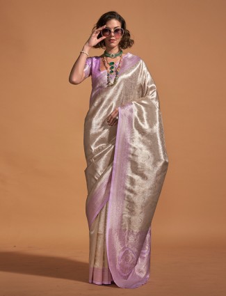 Beige and lavender kanjivaram silk saree