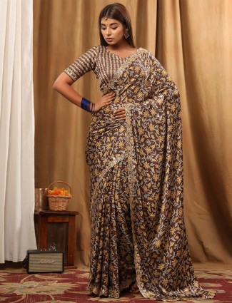 Festive brown satin printed saree beautiful