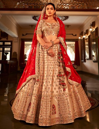 cream silk unstitched lehenga choli