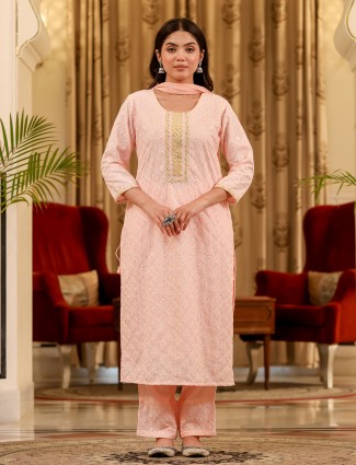 Lucknowi cotton kurti set in light pink