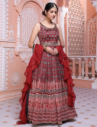 Maroon printed anarkali suit in silk