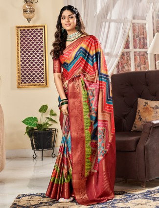 Stunning multi color printed satin saree