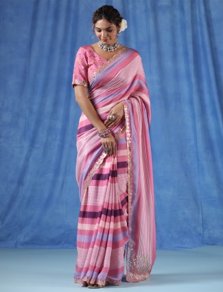 Pink stripe muslin saree