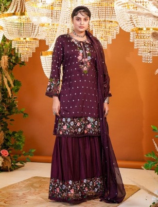 Stunning wine silk sharara suit