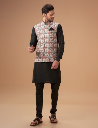 Beige and black printed silk waistcoat set