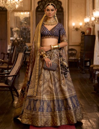 Beige and blue silk printed lehenga choli