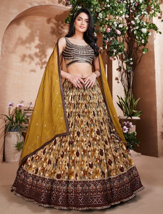 Beige and brown printed lehenga choli