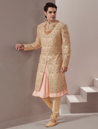 Groom wear raw silk sherwani in beige and peach