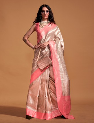 Kanjivaram silk beige and pink saree