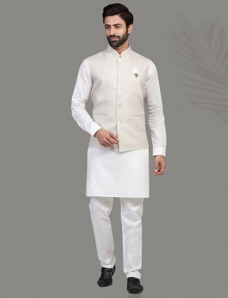 Elegant Beige and White Linen Waistcoat Set