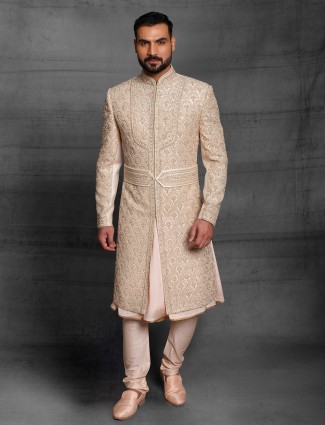 Silk wedding wear sherwani for men in beige