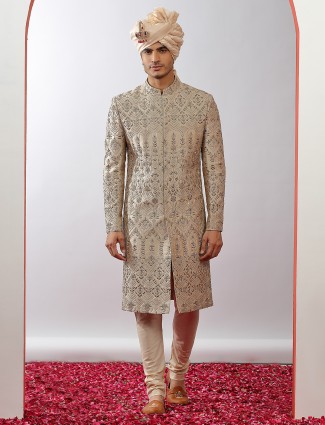 Lavish Beige Raw Silk Sherwani for Grooms