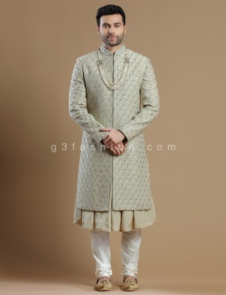 Men beige raw silk groom sherwani