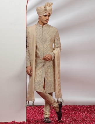 Raw Silk Sherwani for Grooms in Beige