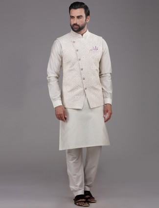 Beige Silk Waistcoat Set for Festive Wear