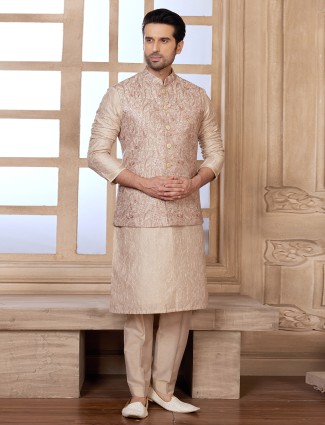 Chic Beige Silk Waistcoat Set for Men