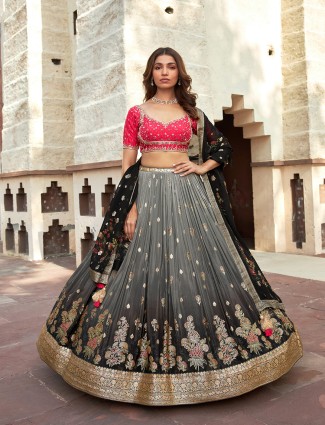 Silk black and grey shaded lehenga choli