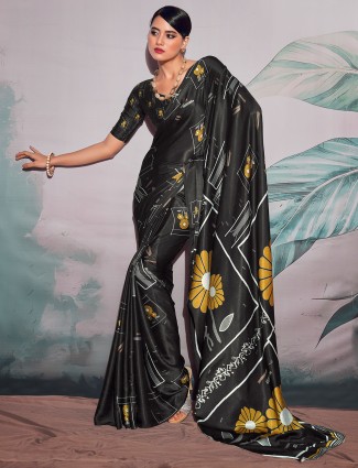 Satin crepe black digital printed saree