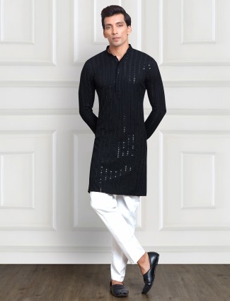 Black rayon cotton kurta suit with embroidery