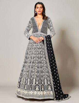 Black lucknowi georgette floor length suit