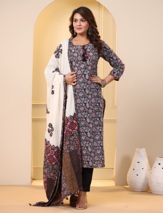 Black cotton printed kurti set with dupatta