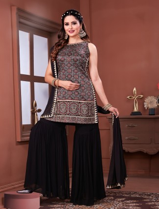 Black modal silk printed sharara suit