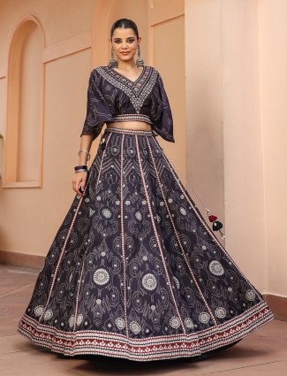 Black raw silk printed lehenga with crop top