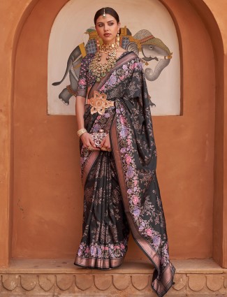 Silk floral printed black saree